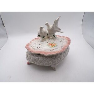 Vintage Ceramic Trinket Box Doves Floral Pink Accent Footed Decorative